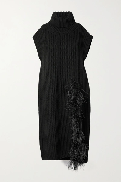 Shop Valentino Feather-embellished Ribbed Wool And Cashmere-blend Turtleneck Sweater In Black