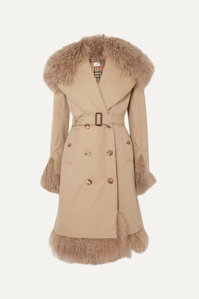 Shop Burberry Double-breasted Shearling-trimmed Cotton-gabardine Coat In Beige