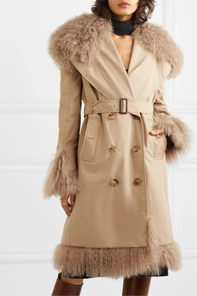 Shop Burberry Double-breasted Shearling-trimmed Cotton-gabardine Coat In Beige