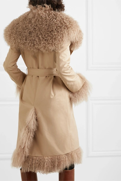 Shop Burberry Double-breasted Shearling-trimmed Cotton-gabardine Coat In Beige