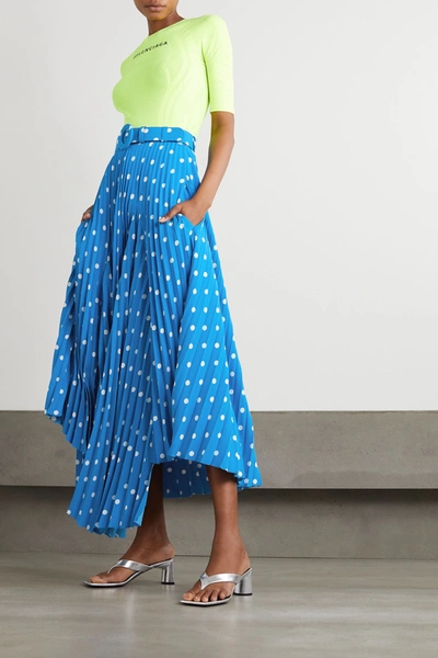 Shop Balenciaga Belted Asymmetric Pleated Polka-dot Crepe Midi Skirt In Blue