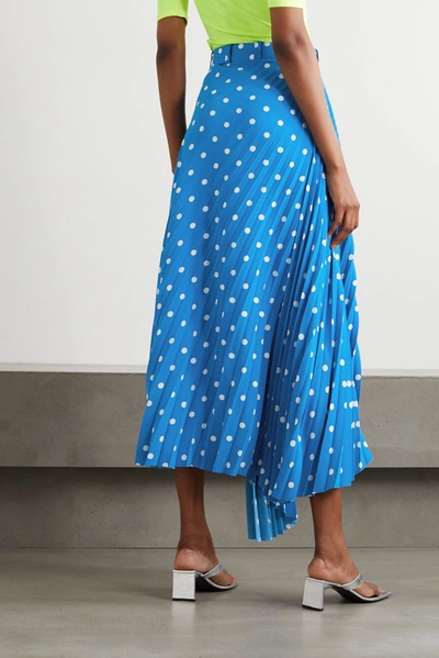 Shop Balenciaga Belted Asymmetric Pleated Polka-dot Crepe Midi Skirt In Blue