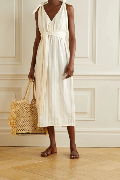 Shop Mara Hoffman Calypso Belted Striped Linen And Tencel Lyocell-blend Midi Dress In Neutral