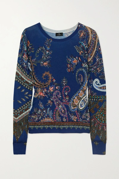 Shop Etro Paisley-print Silk And Cashmere-blend Sweater In Blue