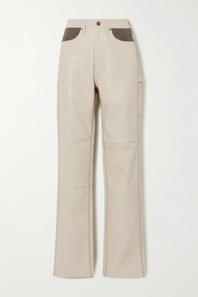 Shop Andersson Bell Mabel Vegan Leather And Herringbone Wool-blend Straight-leg Pants In Cream