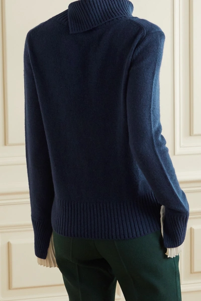 Shop Jason Wu Pleated Satin-trimmed Cashmere Turtleneck Sweater In Navy