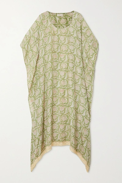 Shop Hannah Artwear Net Sustain Shanti Crochet-trimmed Printed Silk Kaftan In Green