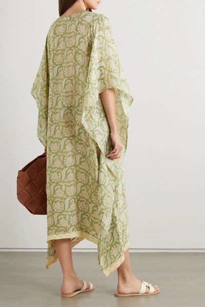 Shop Hannah Artwear Net Sustain Shanti Crochet-trimmed Printed Silk Kaftan In Green