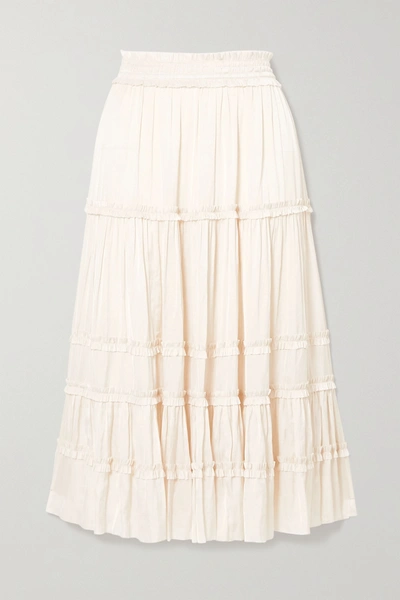 Shop Ulla Johnson Carina Tiered Crinkled-satin Midi Skirt In Cream