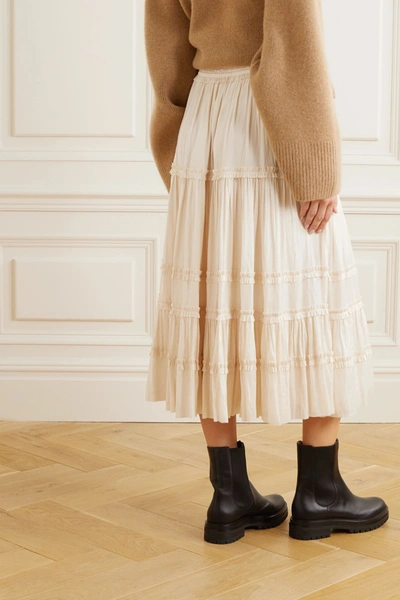 Shop Ulla Johnson Carina Tiered Crinkled-satin Midi Skirt In Cream