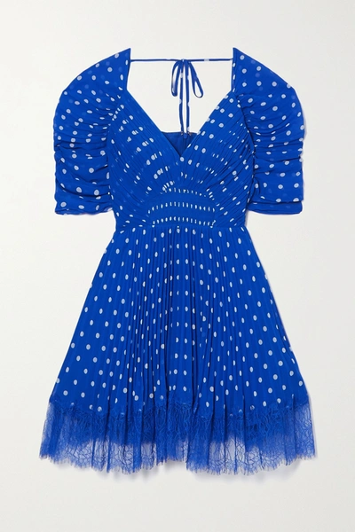 Shop Self-portrait Lace-trimmed Pleated Polka-dot Chiffon Mini Dress In Blue