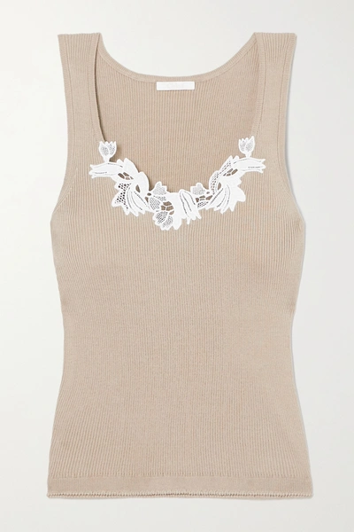 Shop Chloé Guipure Lace-trimmed Ribbed Cotton Tank In Sage Green