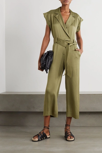 Shop Veronica Beard Ophelia Belted Satin-crepe Jumpsuit In Army Green