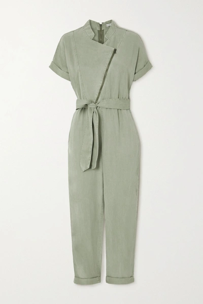 Shop Alice And Olivia Leonarda Belted Lyocell-blend Twill Jumpsuit In Green