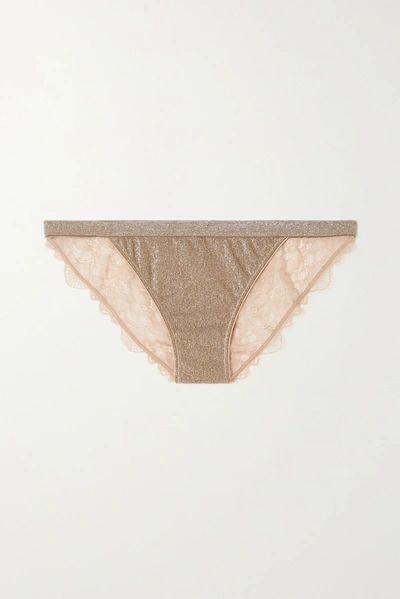 Shop Love Stories Wild Rose Metallic Stretch-jersey And Lace Briefs In Gold