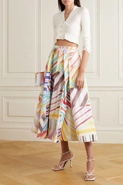 Shop Rosie Assoulin Pleated Printed Cotton-poplin Midi Skirt In White