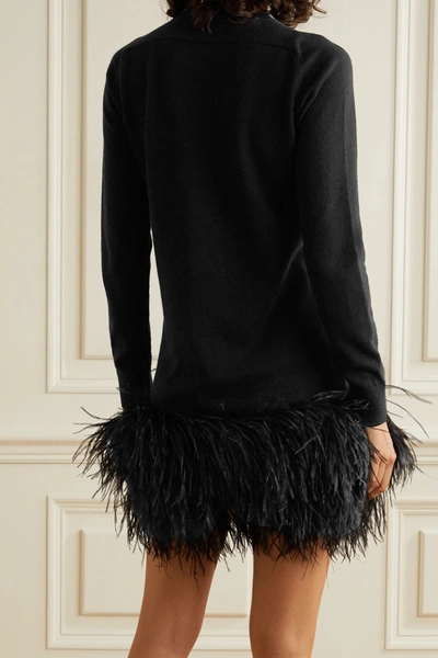 Shop Saint Laurent Feather-trimmed Cashmere Mini Dress In Black