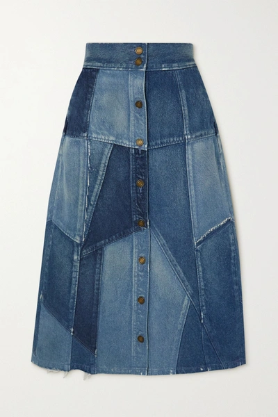Shop Saint Laurent Patchwork Denim Midi Skirt In Blue