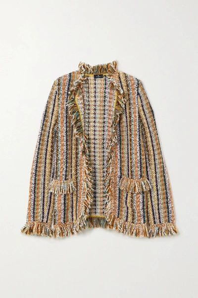 Shop Etro Fringed Striped Knitted Cardigan In Beige