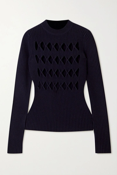 Shop Victoria Beckham Cutout Ribbed Wool-blend Sweater In Midnight Blue