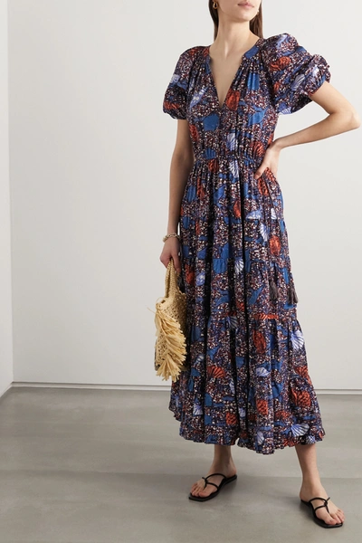 Shop Ulla Johnson Claribel Printed Cotton-poplin Midi Dress In Blue