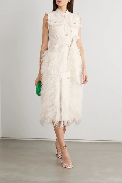Shop Huishan Zhang Wyatt Feather-trimmed Tweed And Pleated Crepe Dress In Ivory