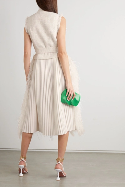 Shop Huishan Zhang Wyatt Feather-trimmed Tweed And Pleated Crepe Dress In Ivory