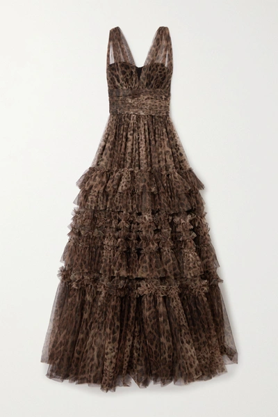 Shop Dolce & Gabbana Ruffled Tiered Leopard-print Tulle Gown In Brown