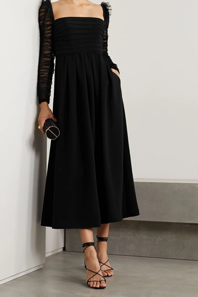 Shop Self-portrait Pleated Crepe And Ruched Polka-dot Flocked Tulle Midi Dress In Black