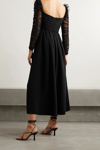 Shop Self-portrait Pleated Crepe And Ruched Polka-dot Flocked Tulle Midi Dress In Black