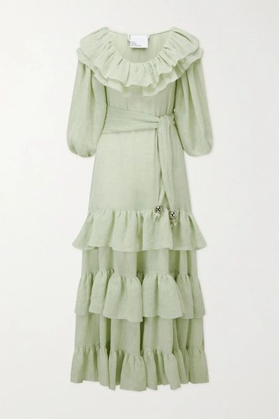 Shop Lisa Marie Fernandez Eugenie Belted Ruffled Metallic Linen-blend Gauze Maxi Dress In Mint