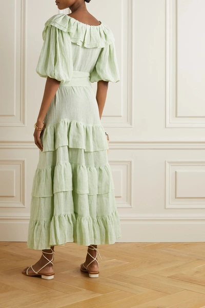 Shop Lisa Marie Fernandez Eugenie Belted Ruffled Metallic Linen-blend Gauze Maxi Dress In Mint