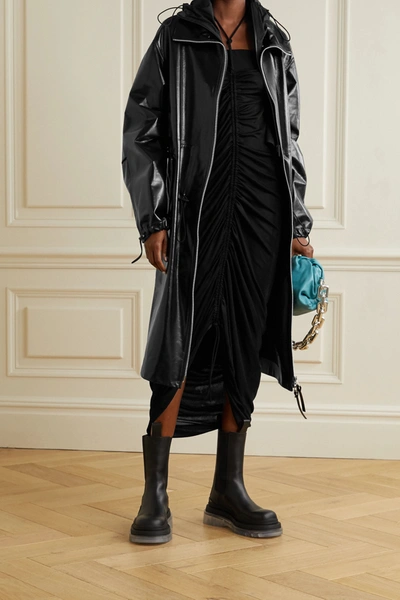 Shop Bottega Veneta Hooded Shell-trimmed Leather Coat In Black