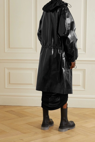 Shop Bottega Veneta Hooded Shell-trimmed Leather Coat In Black