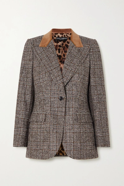 Shop Dolce & Gabbana Velvet-trimmed Prince Of Wales Checked Wool-blend Blazer In Gray