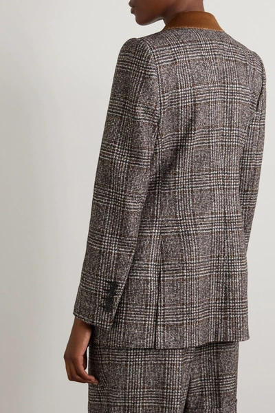 Shop Dolce & Gabbana Velvet-trimmed Prince Of Wales Checked Wool-blend Blazer In Gray