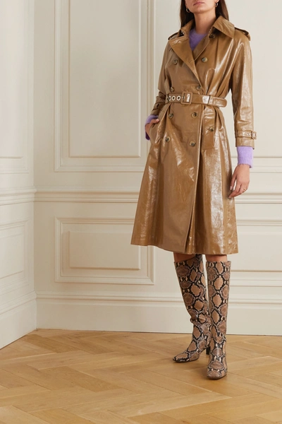 Shop Alexa Chung Belted Double-breasted Crinkled Glossed-leather Trench Coat In Tan