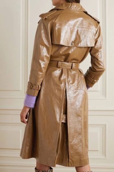 Shop Alexa Chung Belted Double-breasted Crinkled Glossed-leather Trench Coat In Tan