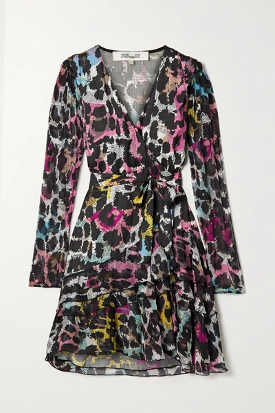Shop Diane Von Furstenberg Keyla Printed Satin-jacquard And Crepon Wrap Mini Dress In Black