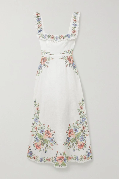 Shop Zimmermann Juliette Scalloped Embroidered Linen Midi Dress In Ivory