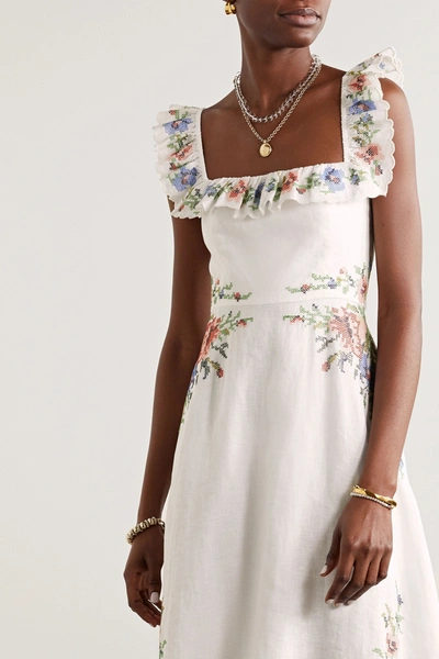Shop Zimmermann Juliette Scalloped Embroidered Linen Midi Dress In Ivory