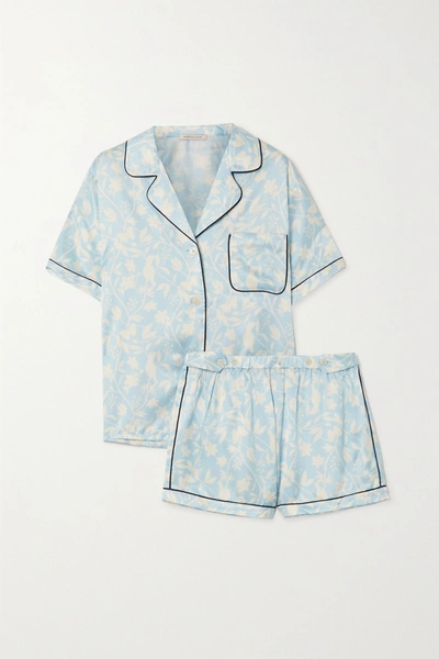 Shop Morgan Lane Katelyn Fiona Floral-print Satin Pajama Set In Sky Blue