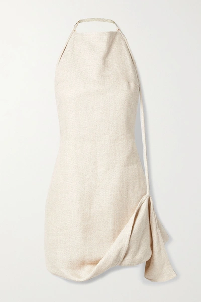 Shop Jacquemus Figuerolles Draped Woven Halterneck Mini Dress In Ecru