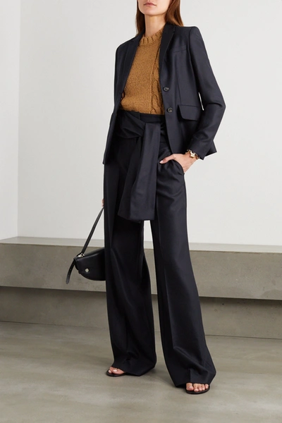 Shop Victoria Victoria Beckham Belted Pleated Wool-twill Wide-leg Pants In Midnight Blue