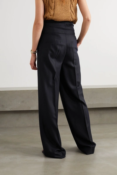 Shop Victoria Victoria Beckham Belted Pleated Wool-twill Wide-leg Pants In Midnight Blue