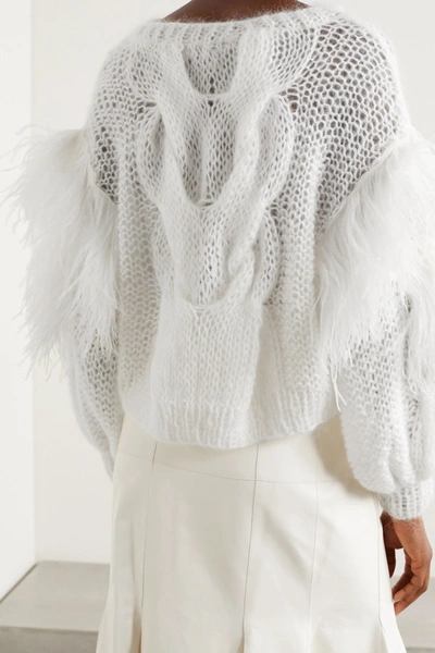 Shop Loewe Feather-trimmed Cable-knit Mohair-blend Sweater In White