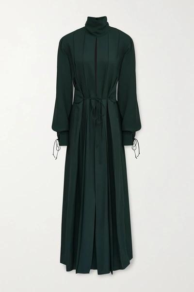 Shop Victoria Beckham Belted Pleated Twill Midi Dress In Emerald