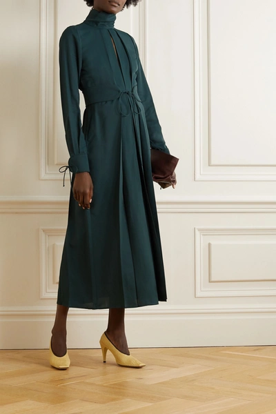 Shop Victoria Beckham Belted Pleated Twill Midi Dress In Emerald