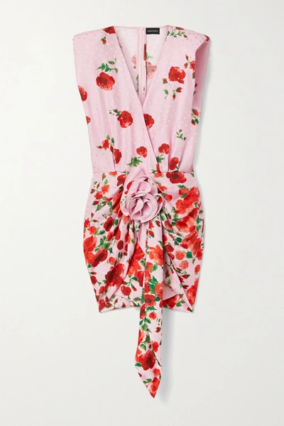 Gathered Floral-print Silk-satin Jacquard Mini Dress In Pink