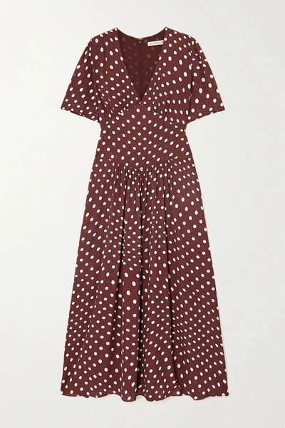Shop Alexa Chung Gathered Polka-dot Crepe Midi Dress In Brown